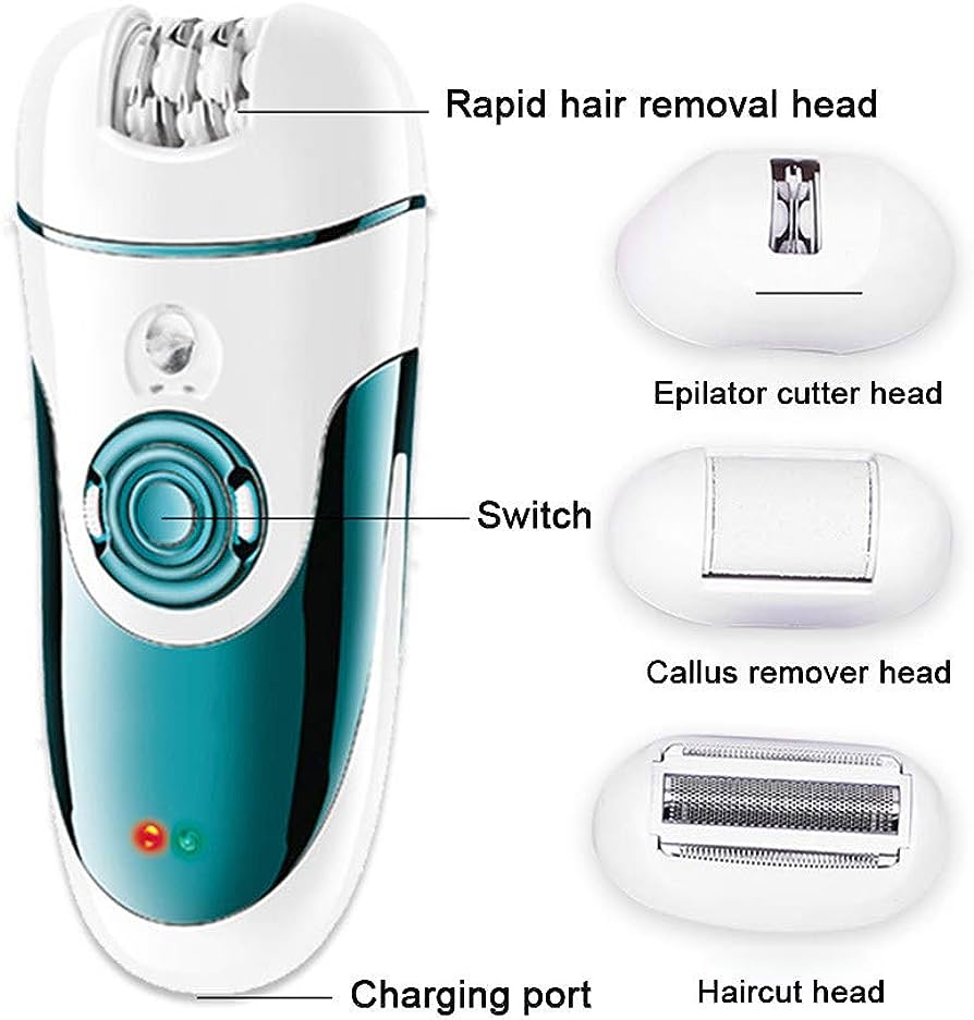 Rechargeable Electric Epilator, Hair Shaver, Clipper & Callus Remover, with Light, 4 Replaceable Cutter/Massage Head, for Female Scraping, Bikini Hair Removal, Grinding Feet
